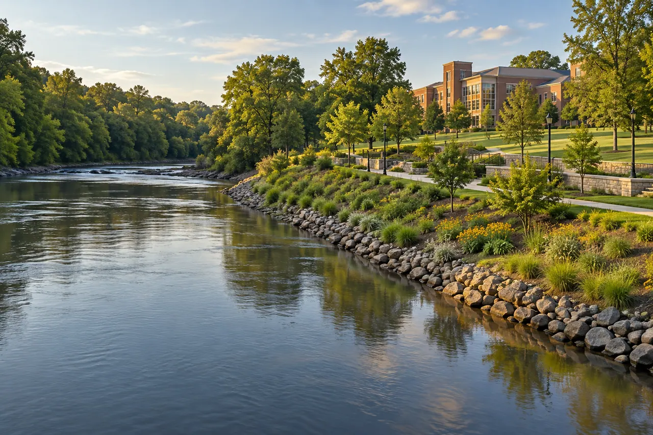 Maintained riverside grounds beside brick commercial and institutional buildings.