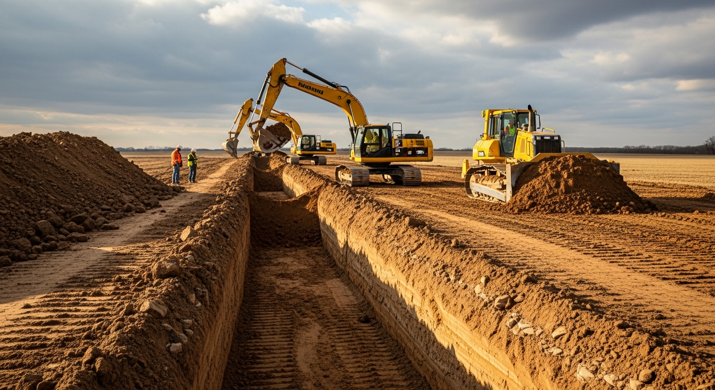 Heavy equipment drainage trench