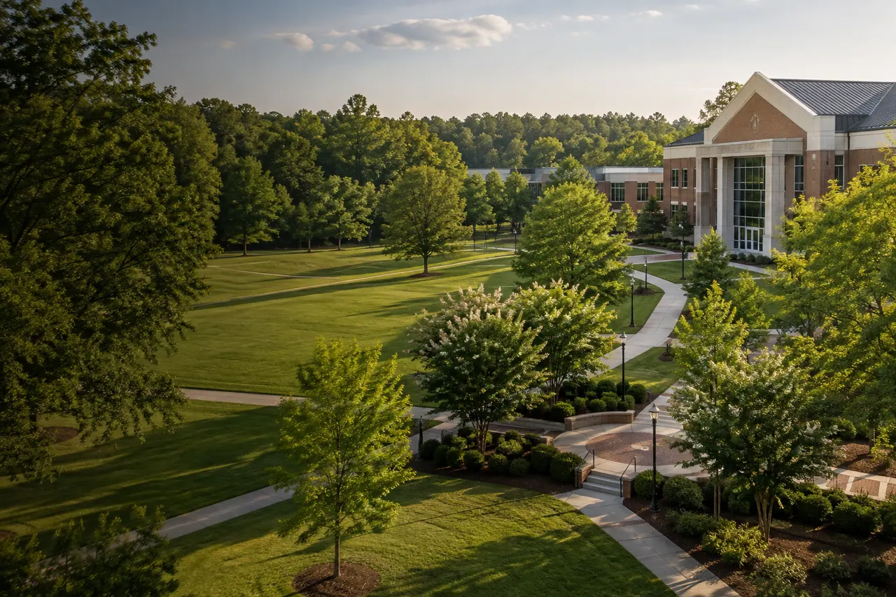 Landscaped institutional campus with broad lawns and pedestrian paths.
