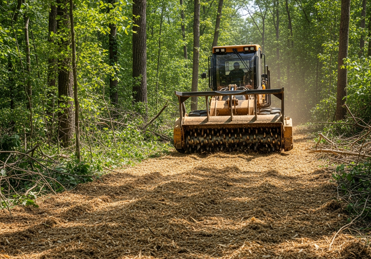 Forestry mulcher grinding vegetation into mulch on site