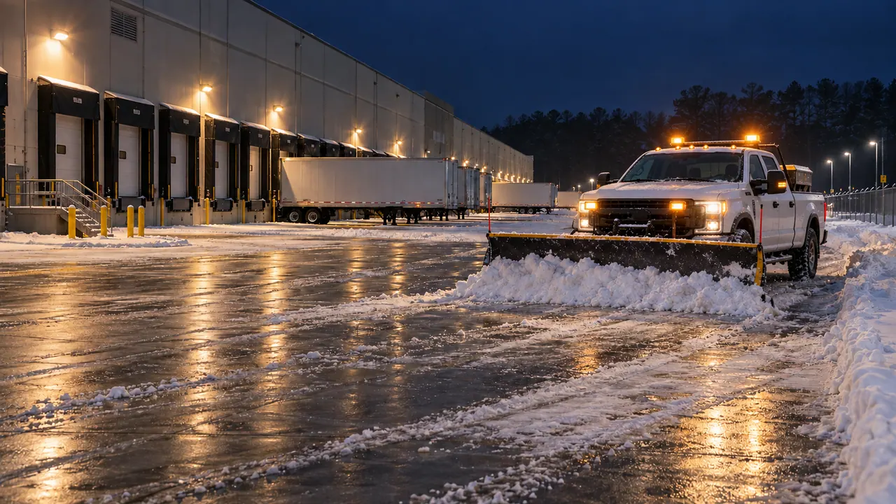 Large pickup truck with a front-mounted snowplow clearing a distribution center loading dock