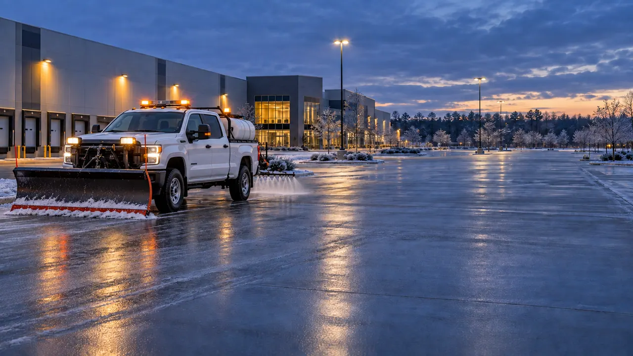 Large pickup truck with a front plow and anti-icing equipment treating an industrial parking lot