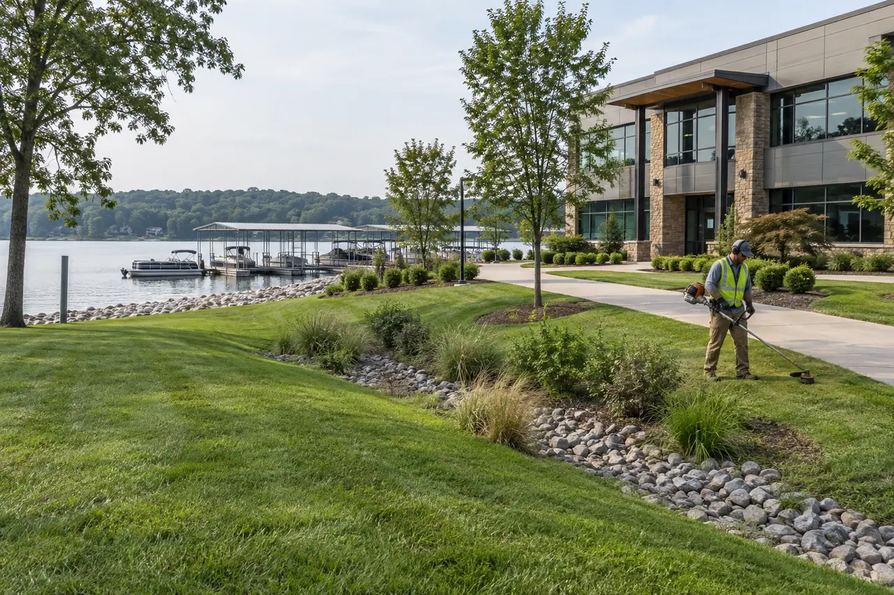 Grounds worker maintaining landscaped waterfront commercial property beside a marina.