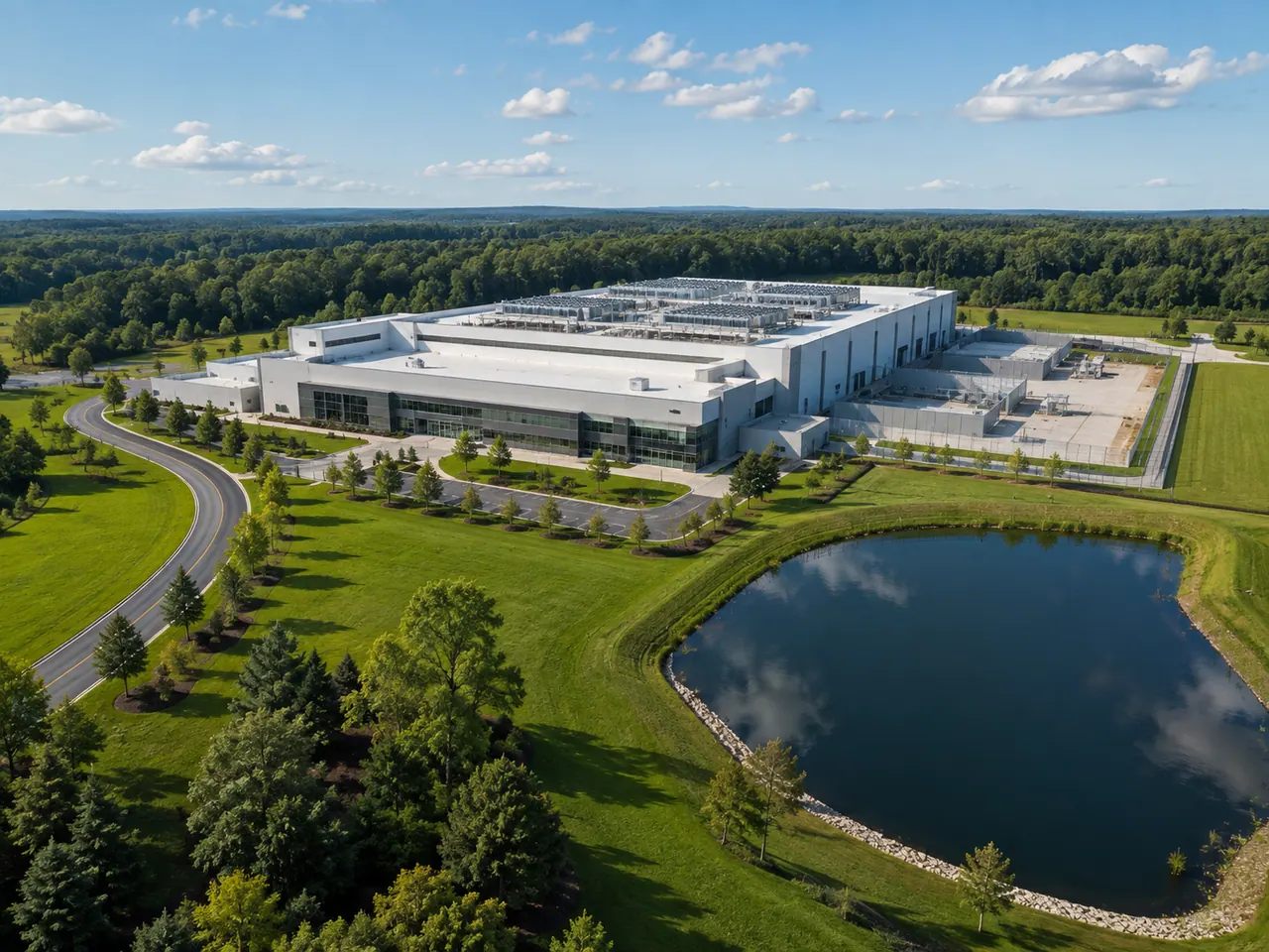 Aerial view of a data-center campus with maintained green space, tree buffers and a stormwater pond