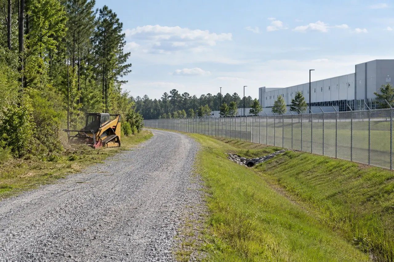 Compact land-management equipment controlling vegetation along a fenced commercial service road