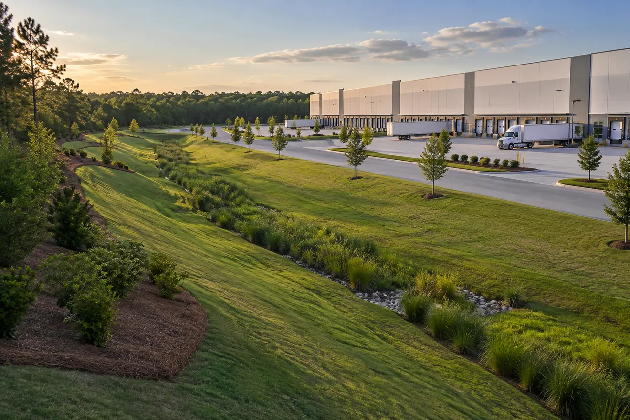Warehouse grounds with maintained turf and a drainage swale.
