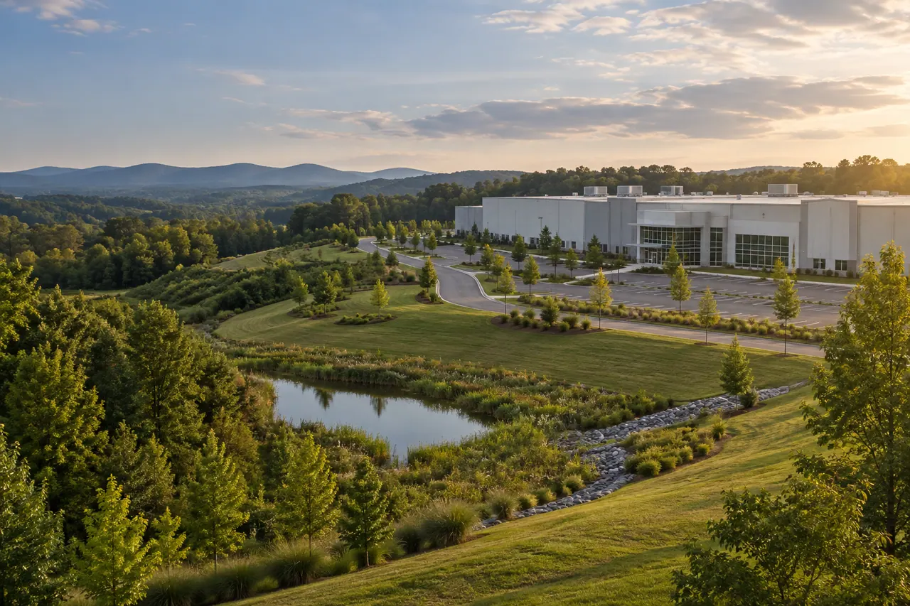 Manufacturing campus with maintained slopes and a stormwater pond.