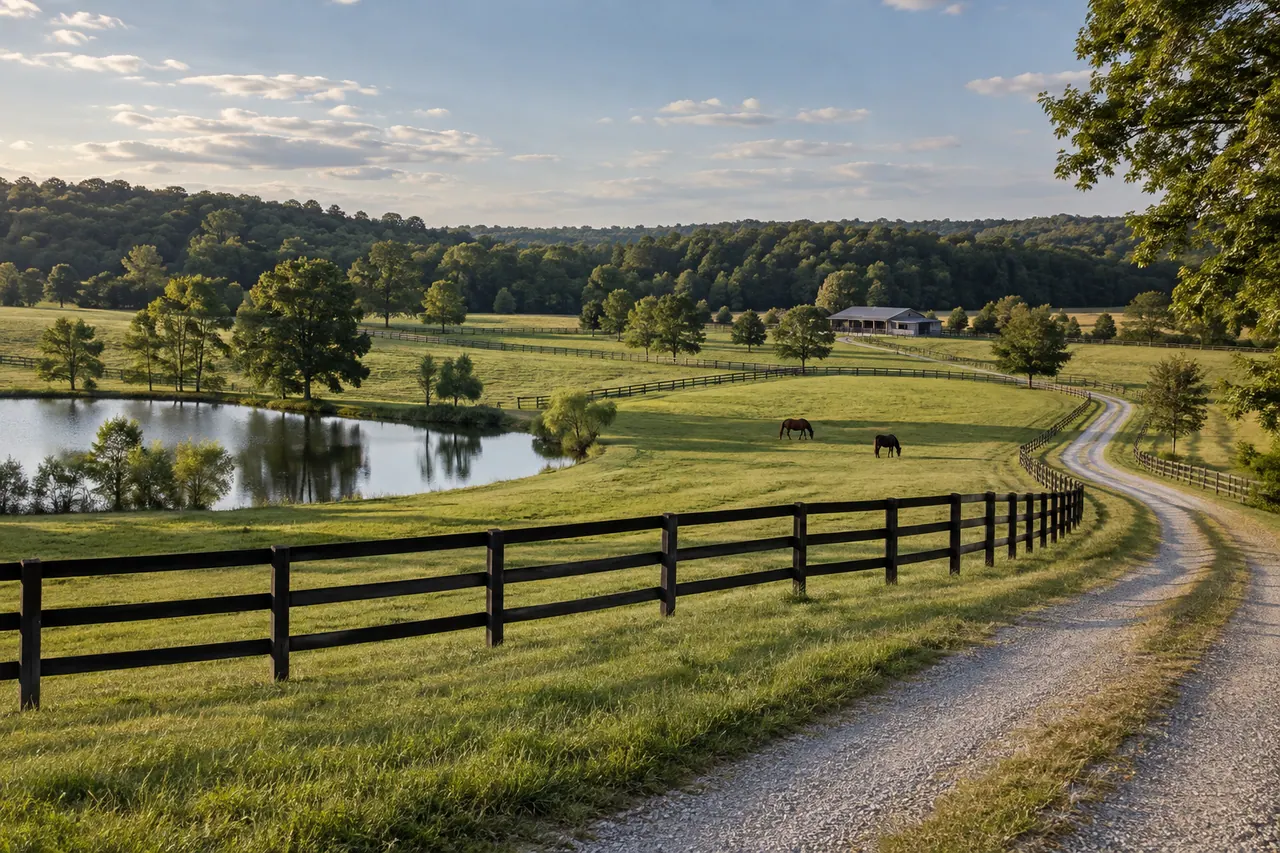 Expansive rural equestrian estate with fenced pastures, a pond, and a winding gravel lane