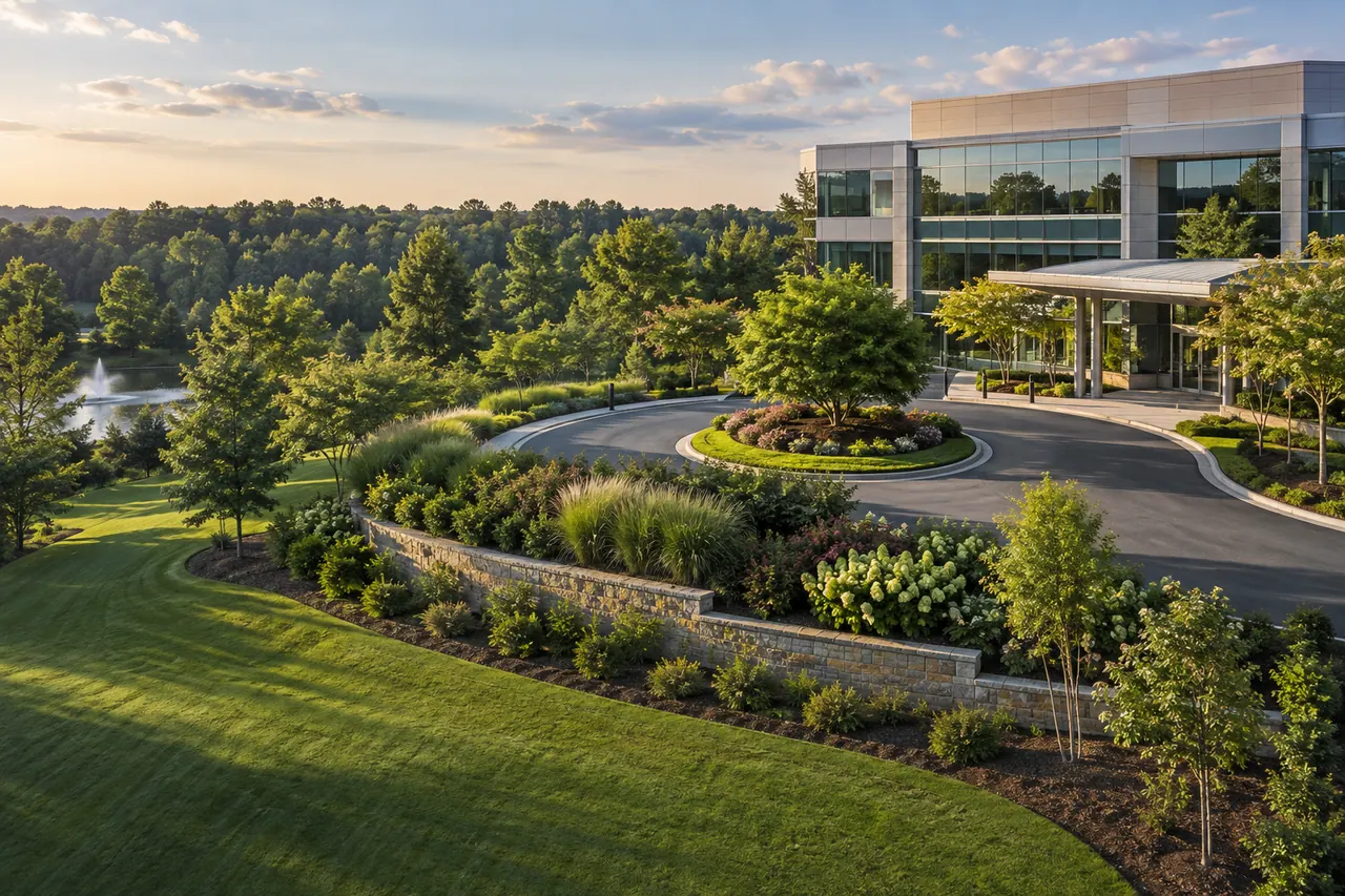 Landscaped corporate office entrance with maintained lawns and planting beds.