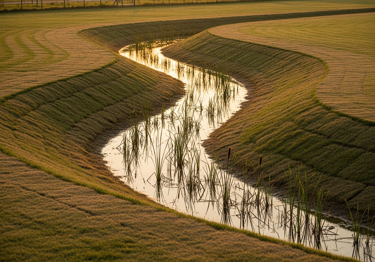 Graded swale channeling water across a property