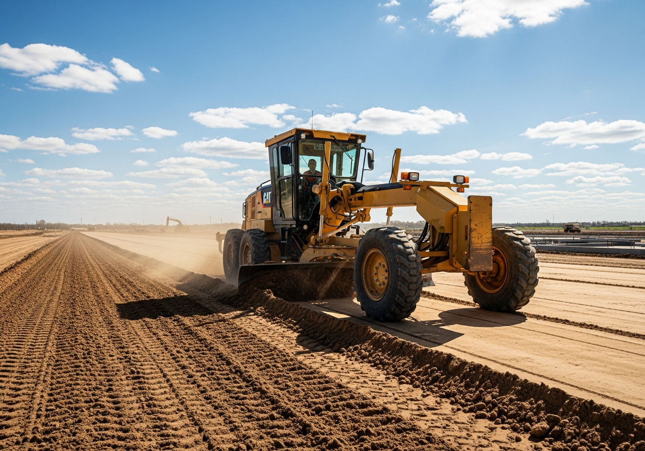 Motor grader leveling a large dirt site