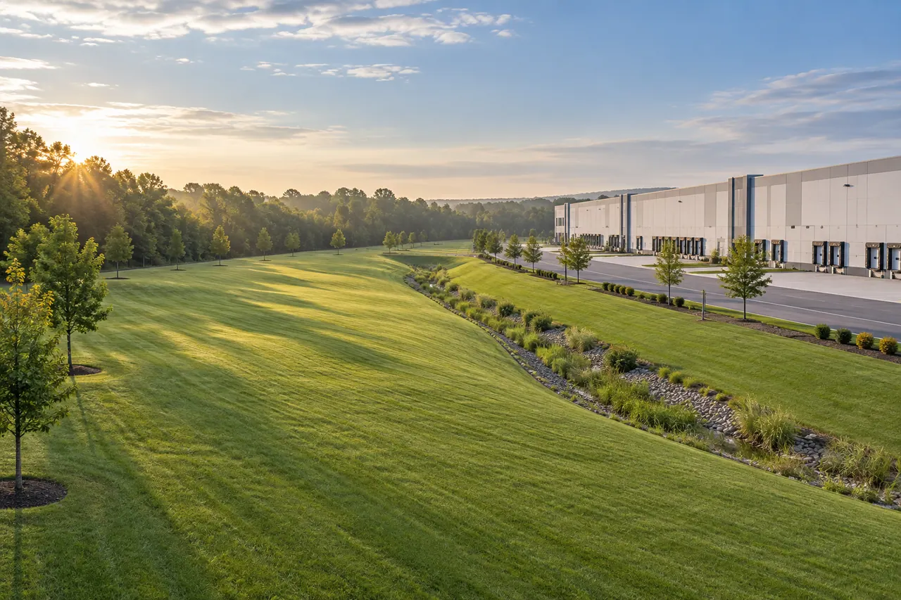 Broad maintained lawns surrounding a warehouse property.