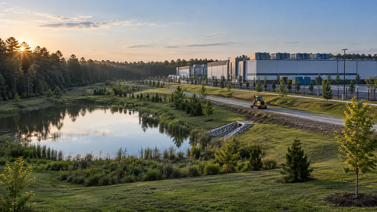 Managed stormwater pond, service road, and perimeter grounds surrounding a modern data center campus