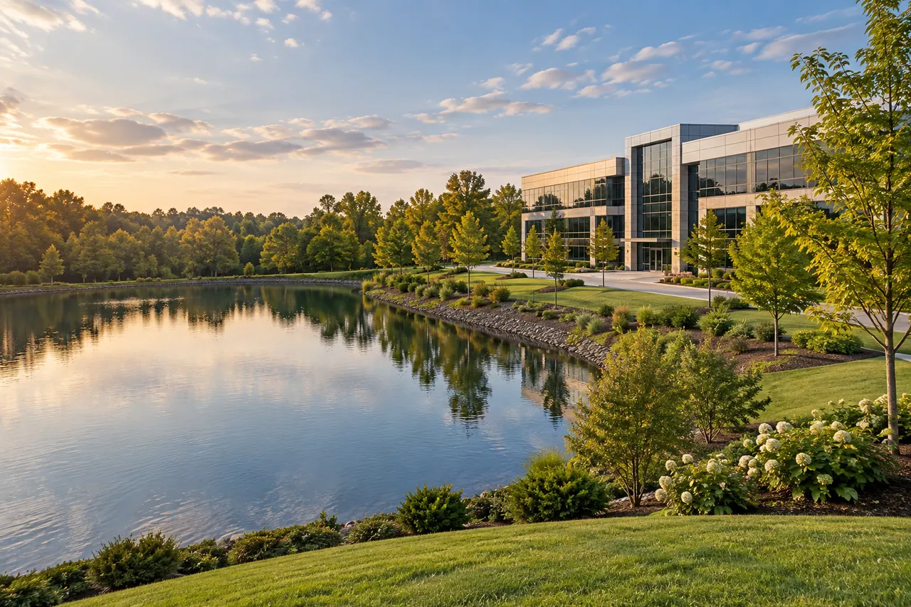 Office campus with landscaped lakeside grounds.