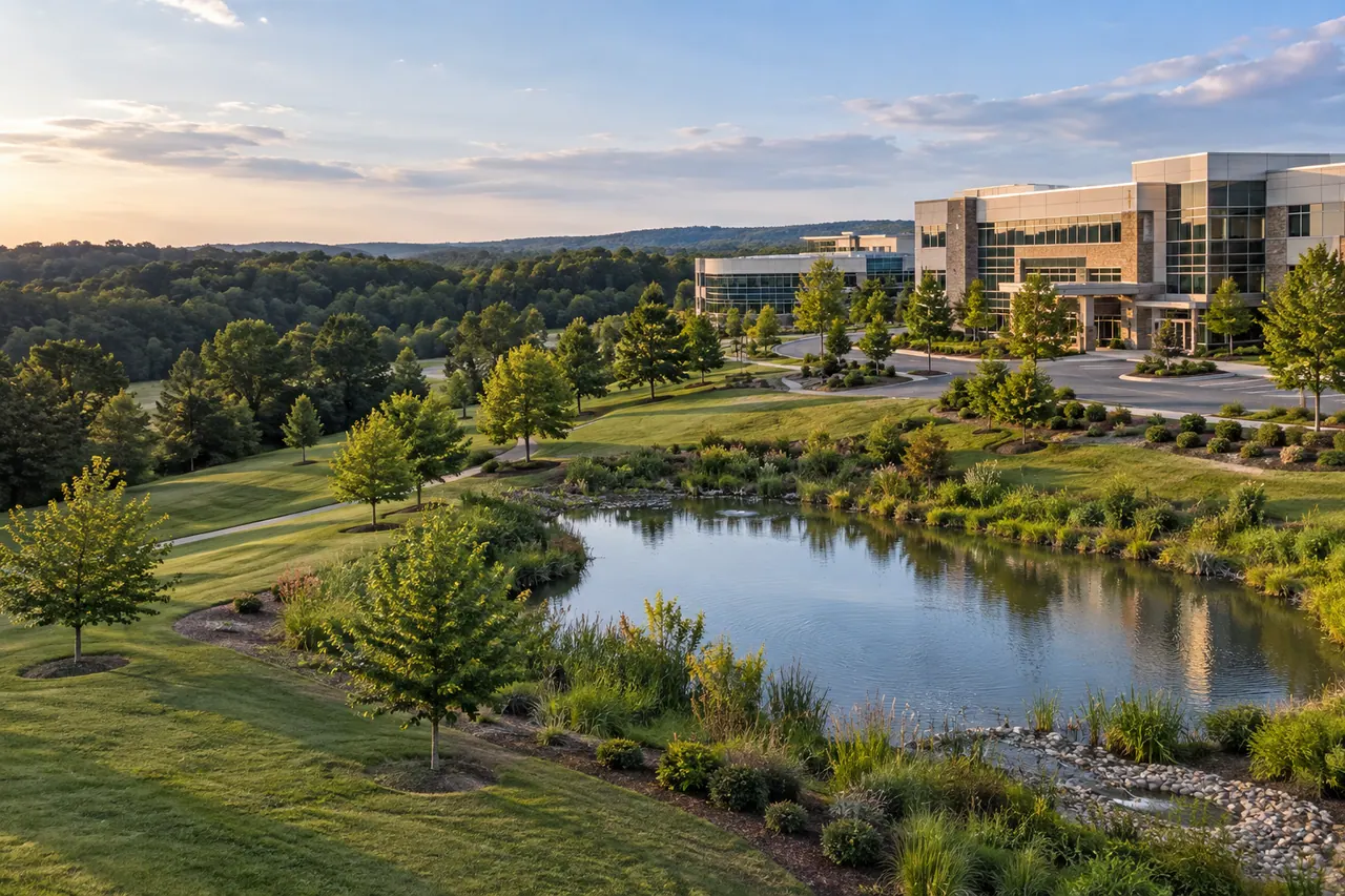 Commercial campus with maintained lawns and a pond.