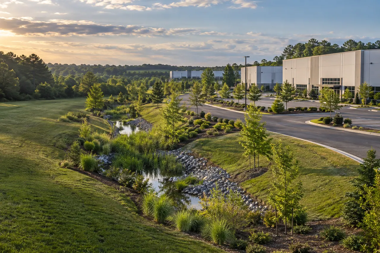 Industrial property with a maintained roadside drainage swale.