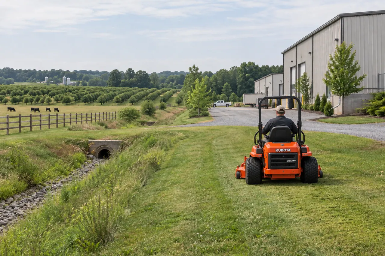 Operator on an orange commercial zero-turn mower beside industrial buildings, a drainage channel, and neighboring farmland.