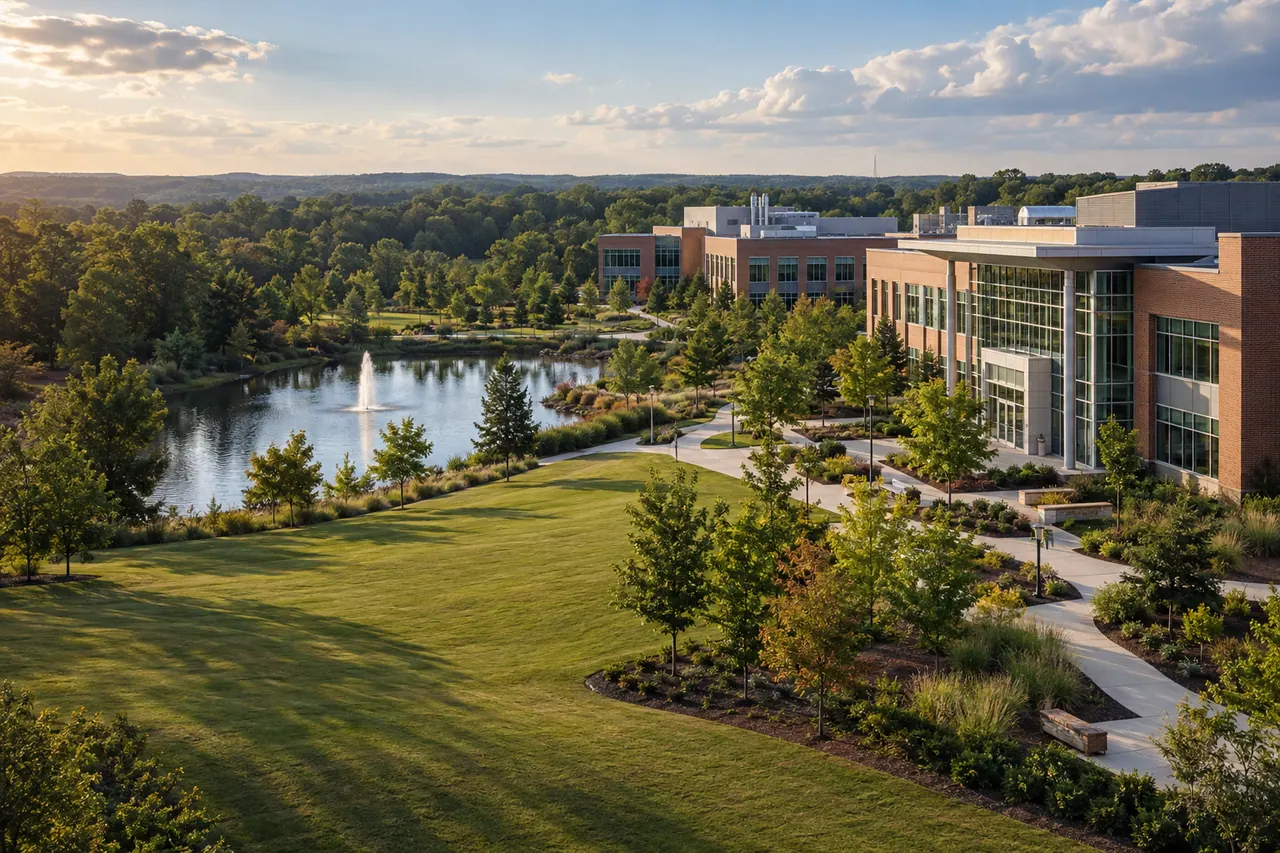 Institutional research campus with maintained lawns and a pond.