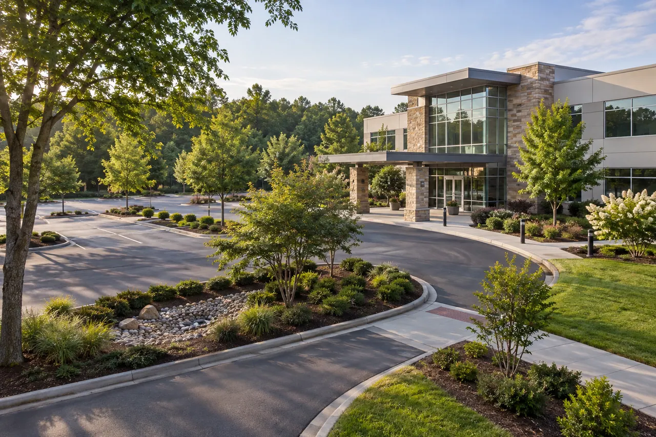 Landscaped office entrance with maintained parking-area planting beds.