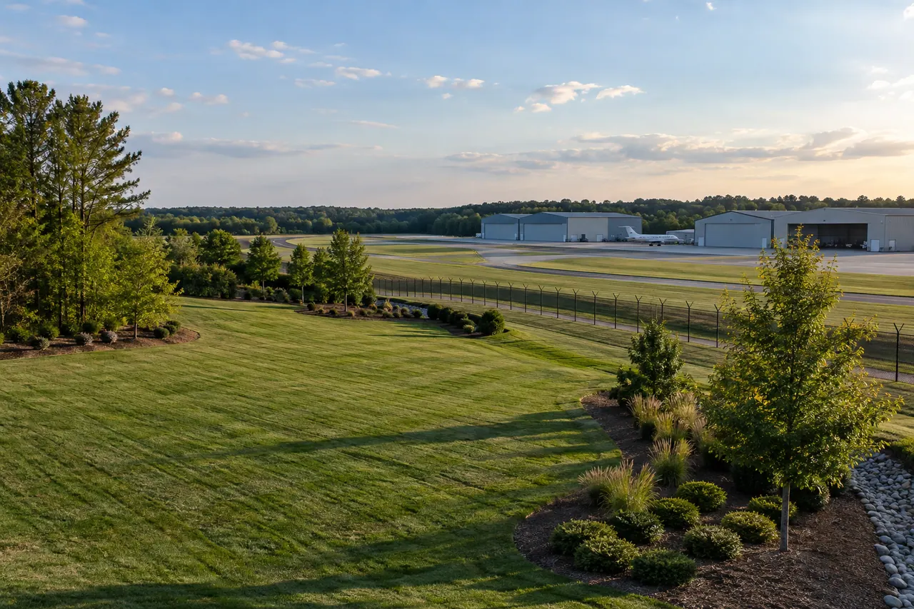 Maintained industrial grounds beside an airport-area property.