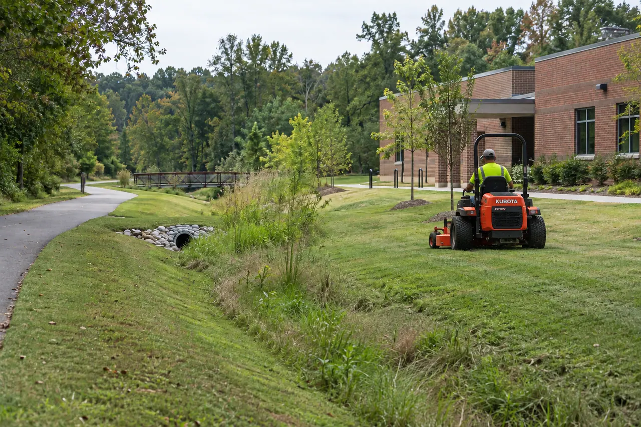 Operator on an orange commercial zero-turn mower maintaining civic grounds beside a greenway and drainage swale.