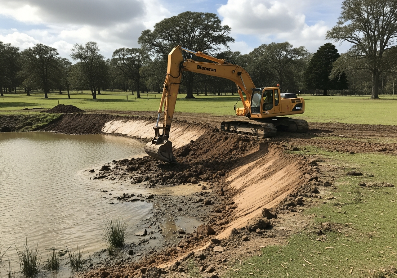 Excavator reshaping a pond embankment during construction