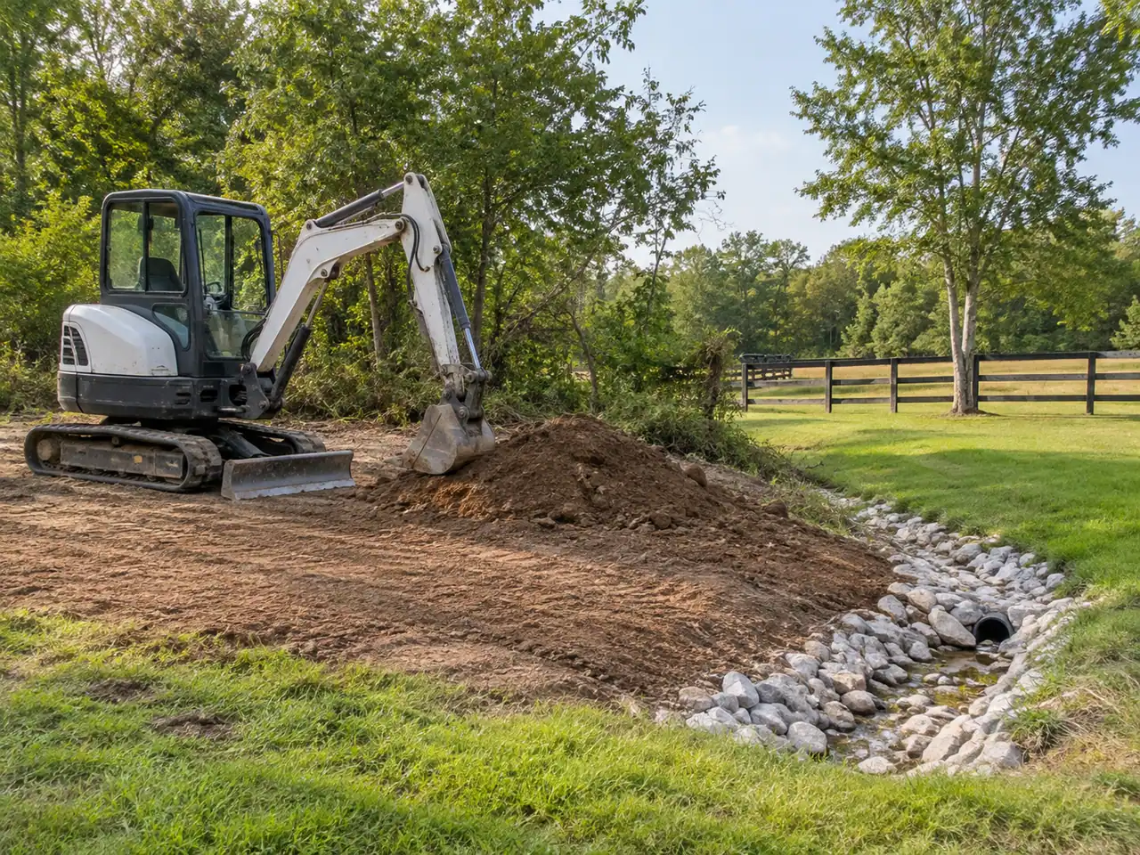 Compact excavator restoring a smaller property edge with drainage rock and fresh grading