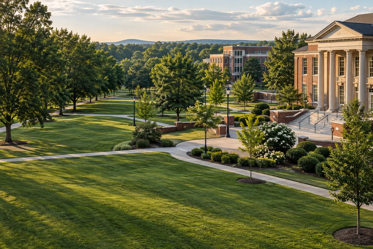Maintained lawns surrounding a brick institutional campus.