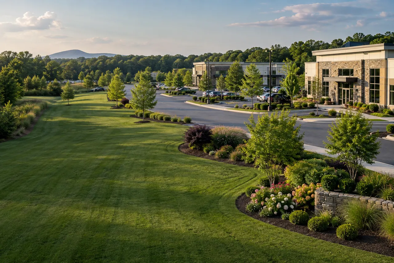 Landscaped commercial campus with maintained lawns and planting beds.