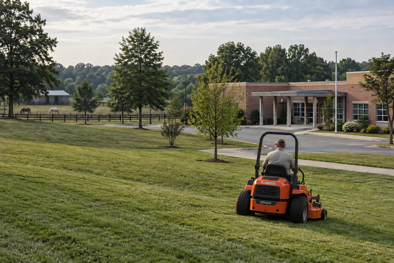 Operator on an orange commercial zero-turn mower maintaining an institutional campus with equestrian pasture beyond.