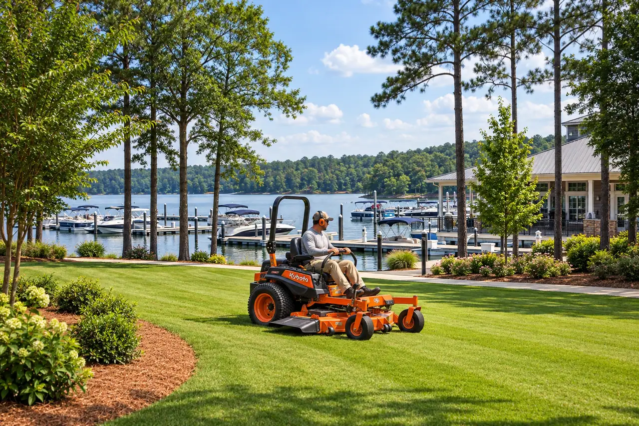 Illustrative commercial marina grounds with an orange Kubota zero-turn mower beside the lake