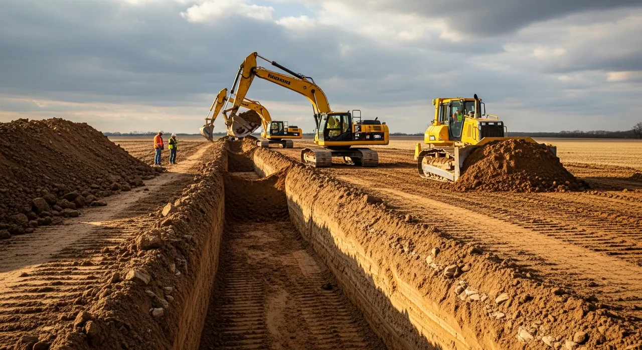 Heavy equipment drainage trench